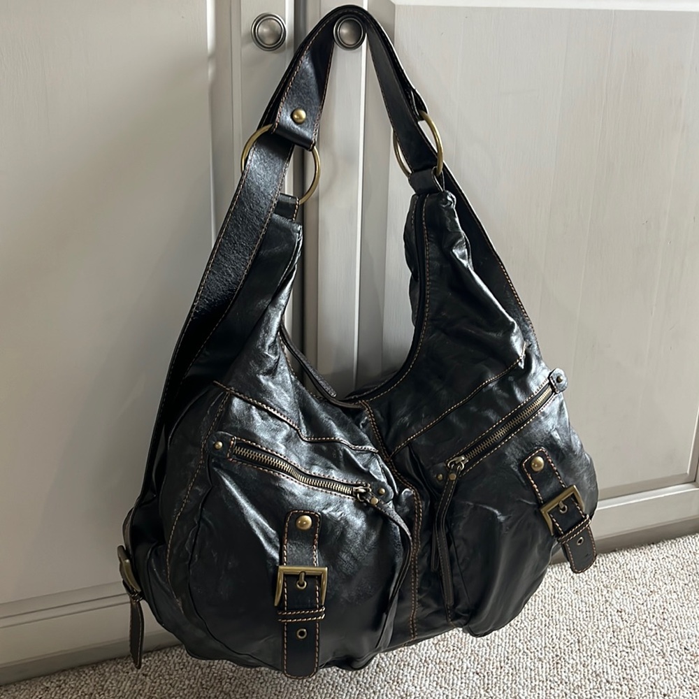 Hobo Bag Purse Pockets Buckles Black